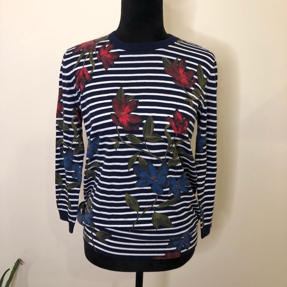 Lauren Ralph Lauren Stripe Floral Navy 3/4 Sleeve Sweater Small